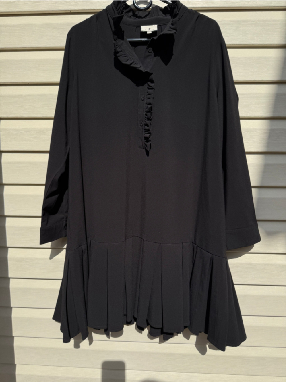 Tuckernuck Black Crepe Tate Dress XL Ruffle Drop Waist Pleated Mini Long Sleeve - Picture 2 of 7